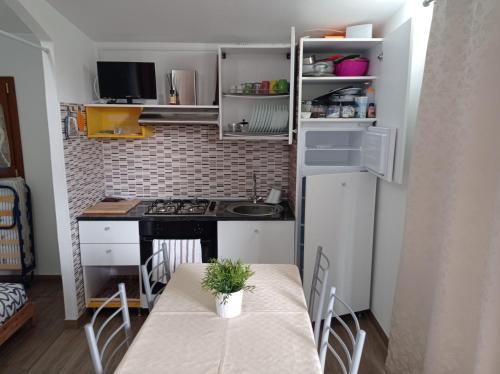 Alannooasi macerina的一间带桌子和冰箱的小厨房