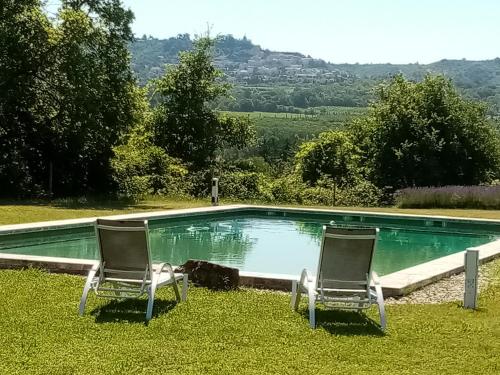 拉科斯特Le Lavoir的两把椅子坐在游泳池附近的草地上