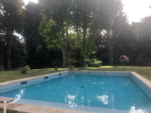 卢瓦尔河畔圣西La Grande Carrée的一座绿树成荫的庭院中的蓝色游泳池