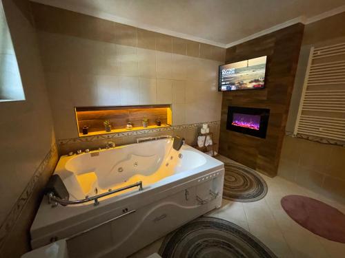 布雷佐维察Sky Villa Brezovice的带浴缸的大型浴室和电视。
