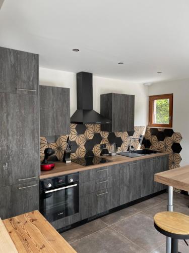 MontperreuxCHALET-MICHEL avec SPA的厨房配有灰色橱柜和炉灶烤箱