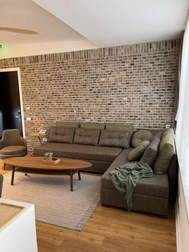 贝尔格莱德贝尔格莱德卡尔尼酒店的带沙发和砖墙的客厅