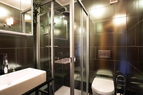 WilerLauchernalp Resort Residences的带淋浴、卫生间和盥洗盆的浴室