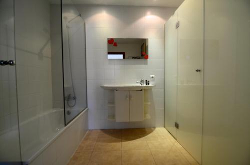 帕尔斯Trias Plaza的白色的浴室设有水槽和淋浴。