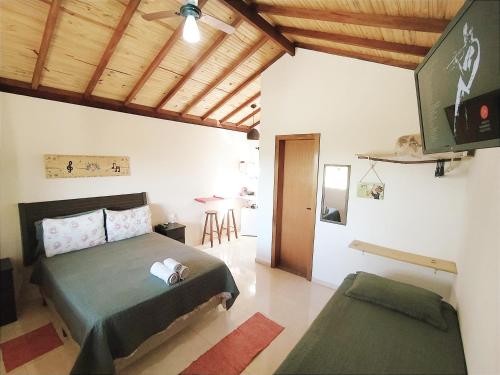 卡兰卡斯Toca dos Coelhos Chalés的一间卧室配有一张床和一台平面电视