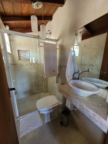 彼得罗波利斯Pousada Valparaiso的一间带水槽、卫生间和淋浴的浴室