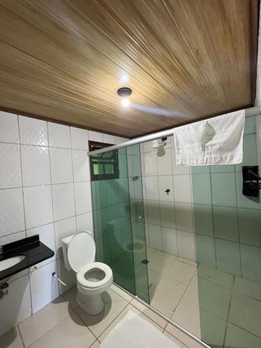 巴拉那瓜Pousada Pé Na Areia - ilha do mel的一间带卫生间和玻璃淋浴间的浴室
