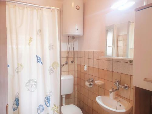 卢卡瓦克Apartments with a parking space Rukavac, Vis - 8496的浴室配有淋浴帘、卫生间和盥洗盆。