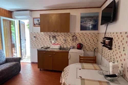 拉茨斯切Apartments by the sea Racisce, Korcula - 4359的厨房以及带沙发和桌子的客厅。