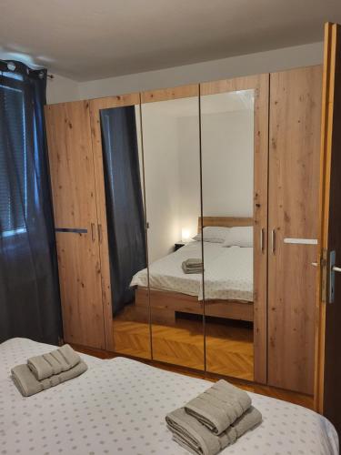 布莱德Sava river house - apartments的一间卧室配有两张床和镜子