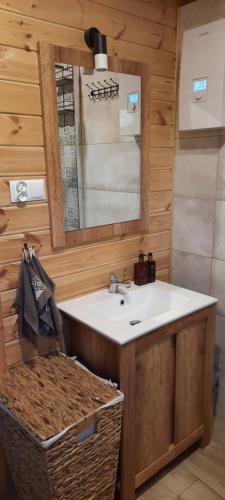 Domek z Bala Brajniki- całoroczny的一间带水槽和镜子的浴室