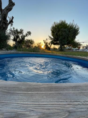 萨尔维Feudo Frammasi - Curte Glamping Experience的水池,背景是日落