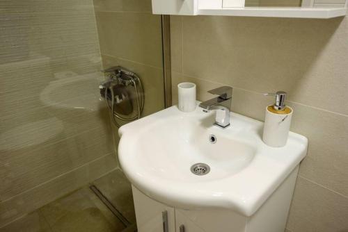 普卢日内Bright Modern Holiday Home With Postcard Lake View的浴室配有白色水槽和淋浴。