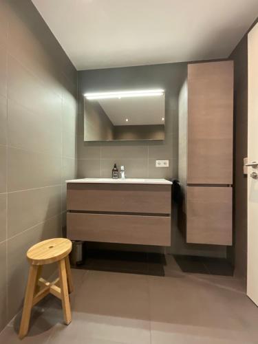 卢森堡Kirchberg Apartment - High End 2 Bedrooms in Luxembourg City的一间带水槽和木凳的浴室