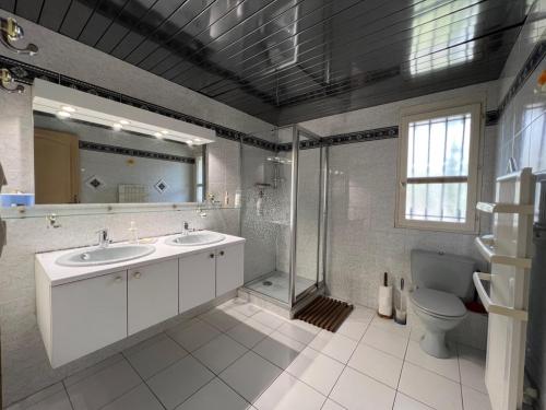 蒙托鲁Ekin ô reV Gîte Fontessante的一间带两个盥洗盆、淋浴和卫生间的浴室