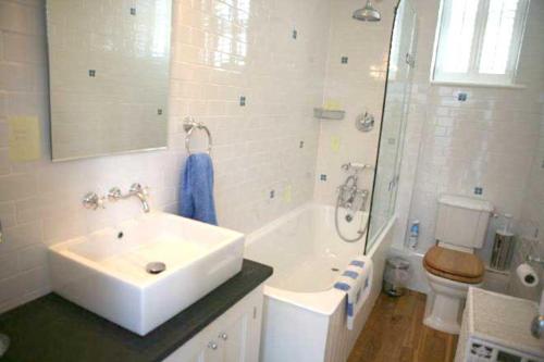 韦德布里奇Gorgeous Apartment only yards from Polzeath Beach的一间带水槽、浴缸和卫生间的浴室