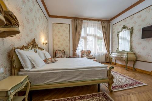 锡吉什瓦拉Clasic Haus Sighisoara的卧室配有床、椅子和窗户。
