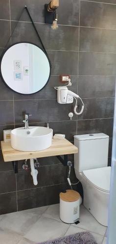 培拉特Xho's Forest Guest House的一间带水槽、卫生间和镜子的浴室