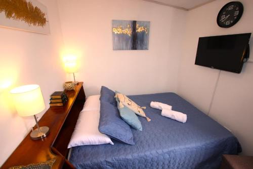 圣何塞F&M Guesthouse的一间卧室配有一张蓝色的床、枕头和电视