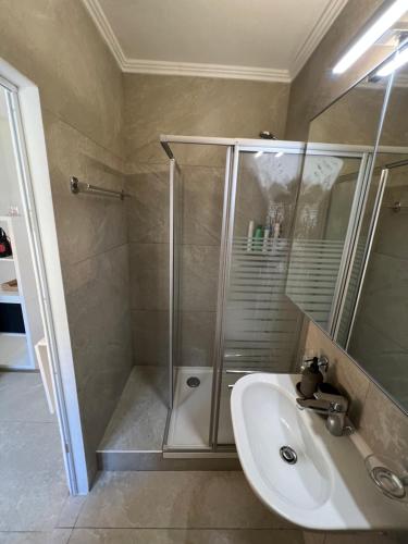 洛桑Appt 4 Recientemente renovado的带淋浴和盥洗盆的浴室