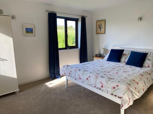 圣大卫Ty Aelwyd的一间卧室配有一张带蓝色枕头的床和一扇窗户。