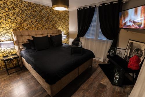 奥尔泽姆Dynasty Home Spa Appartement 100M Jacuzzi Terasse的一间卧室配有一张黑色的床和一台电视。