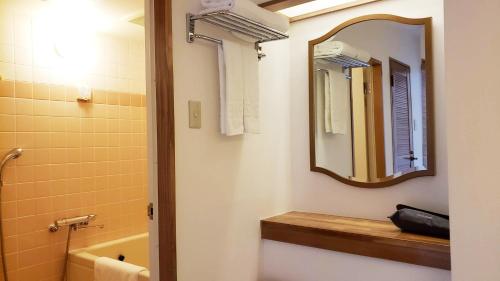 鸣门市AoAwo Naruto Resort的浴室配有盥洗盆、镜子和浴缸