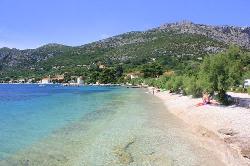 维甘Apartments with a parking space Viganj, Peljesac - 10188的水面上有很多人的海滩