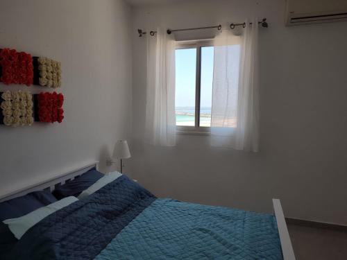 阿什杜德Lovely three-room apartment above the promenade的一间卧室设有蓝色的床和窗户。