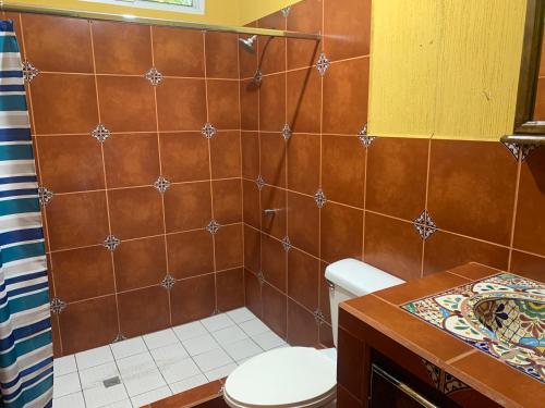 雷塔卢莱乌Casa 3 a 5 min del Irtra的一间带卫生间的浴室和棕色瓷砖墙