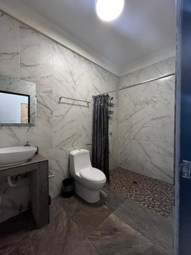 坎昆Caribbean Queen的浴室配有卫生间、盥洗盆和淋浴。
