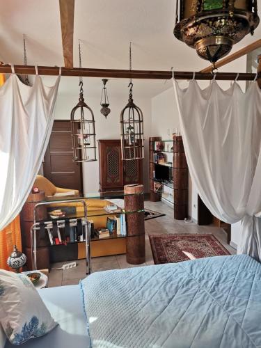 霍佩加尔滕Samoa的一间卧室配有床和窗帘