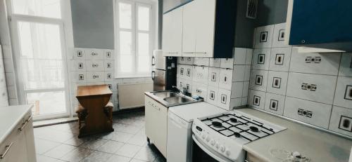 波兹南Tanie Spanie przy City Park - Zameldowanie Bezobsługowe -的白色的厨房配有炉灶和水槽