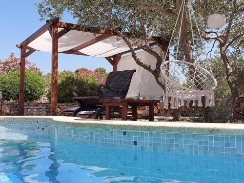 斯塔里格勒欧科萨梦幻别墅的一个带秋千、桌子和椅子的游泳池
