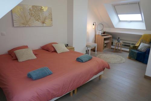 塞里斯LES VILLAS PARADIS - Serris, proche Paris & Disneyland的一间卧室配有一张大床和两个枕头