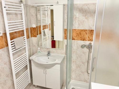 萨格勒布Mlinovi的一间带水槽和淋浴的浴室