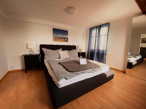 罗曼斯霍恩Apartment Romanshorn von Swisspartments的一间卧室设有一张大床和一个窗户。