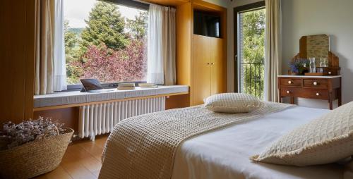 坎普罗东Hotelet Del Bac的一间卧室设有一张床和一个大窗户