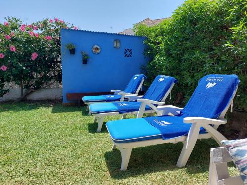 卡拉德米哈斯Beach and Golf House La Cala de Mijas的一群坐在草地上的蓝色椅子