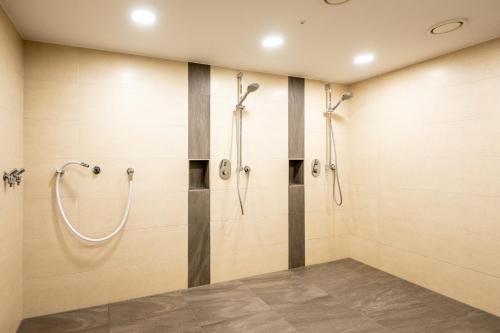 施莱登索尔兹伯格穆德弗里恩公园酒店的浴室设有米色瓷砖淋浴间。