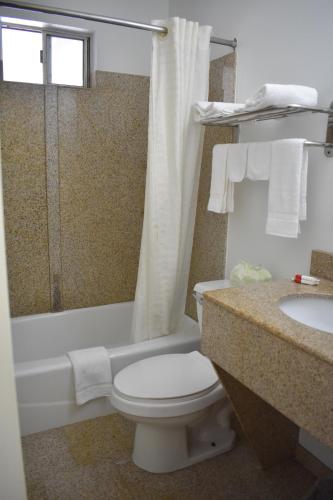 匹兹堡南部丘陵汽车旅馆的浴室配有卫生间、浴缸和水槽。