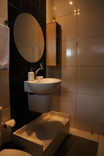圣路易斯Edícula Próxima a Praias!的一间带水槽和镜子的浴室