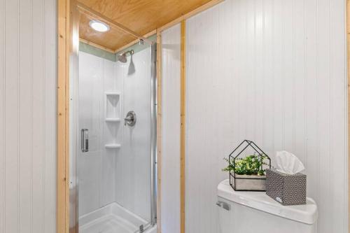 丹德里奇Chasing Views Tiny House的带淋浴的浴室以及带植物的卫生间。