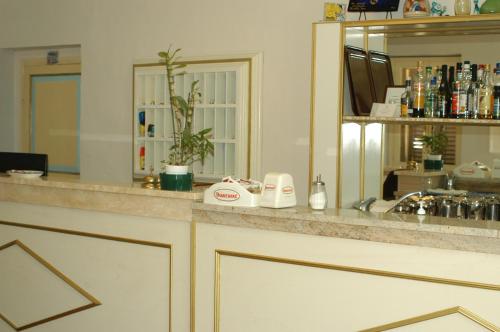 贝瓦尼亚兰奇奥酒店的浴室的柜台设有水槽和镜子
