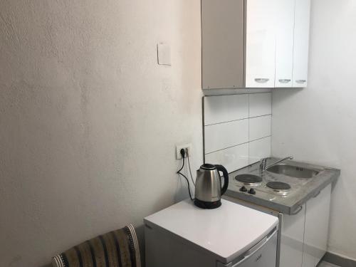 波德戈里察Apartments OldTown的厨房配有冰箱上方的茶壶