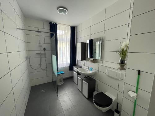 黑灵斯多夫潘克公寓的一间带水槽、卫生间和镜子的浴室