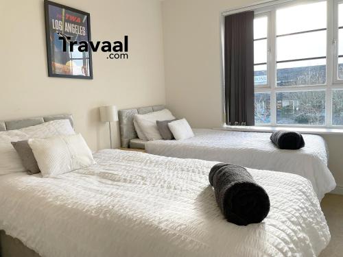 法恩伯勒Travaal.©om - 2 Bed Serviced Apartment Farnborough的卧室设有两张床,配有沙发