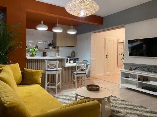 克卢日-纳波卡JAY's Park Place的一间带黄色沙发的客厅和一间厨房