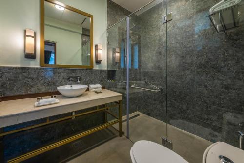 达兰萨拉Hotel Eagles Nest的一间带水槽和玻璃淋浴的浴室