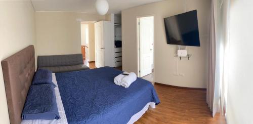 利马2110 Miraflores - Luxury Room in the Best Place的一间卧室配有蓝色的床和电视